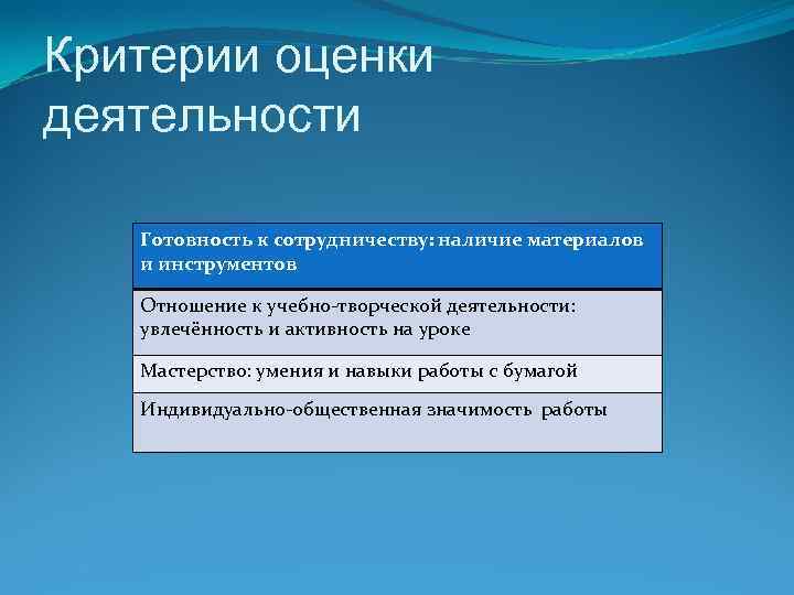 Критерии оценки деятельности Готовность к сотрудничеству: наличие материалов и инструментов Отношение к учебно-творческой деятельности:
