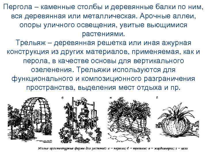 Пергола – каменные столбы и деревянные балки по ним, вся деревянная или металлическая. Арочные