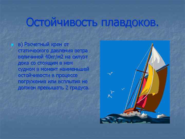 Остойчивость плавдоков. n в) Расчетный крен от статического давления ветра величиной 40 кг/м 2