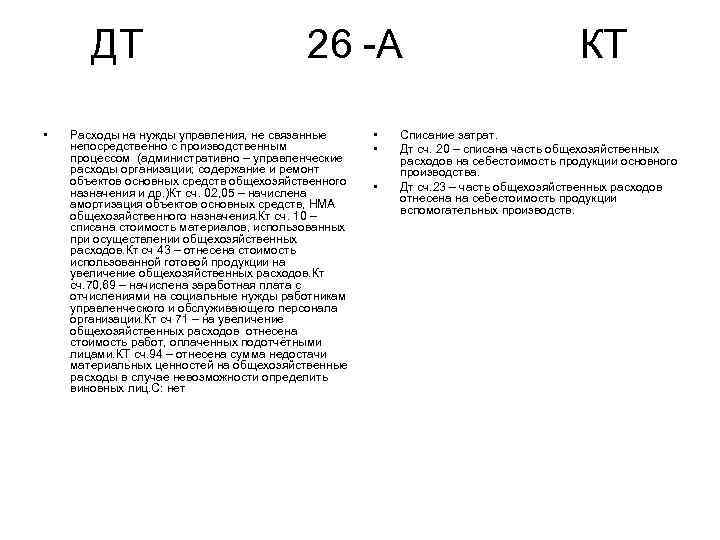 ДТ • 26 А КТ Расходы на нужды управления, не связанные непосредственно с производственным