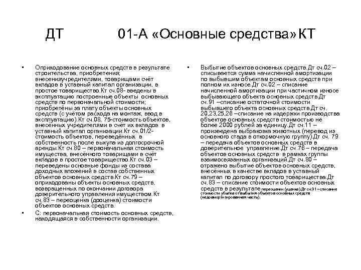 ДТ • • 01 А «Основные средства» КТ Оприходование основных средств в результате строительства,