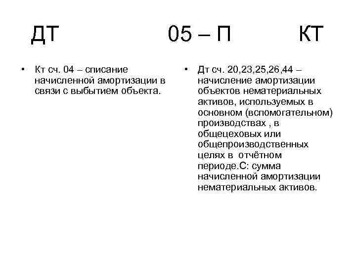 ДТ 05 – П КТ • Кт сч. 04 – списание начисленной амортизации в