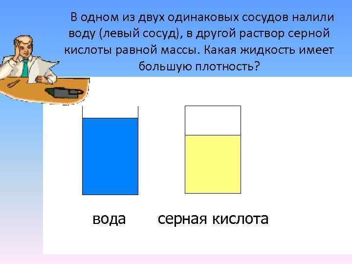 В одном из двух одинаковых сосудов налили воду (левый сосуд), в другой раствор серной