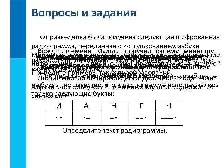 Вопросы и задания От разведчика была получена следующая шифрованная радиограмма, переданная с использованием азбуки