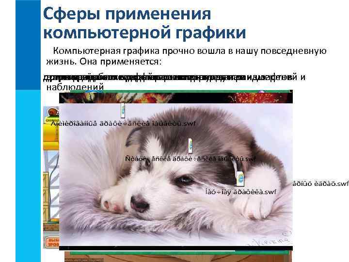 Сферы применения компьютерной графики Компьютерная графика прочно вошла в нашу повседневную жизнь. Она применяется: