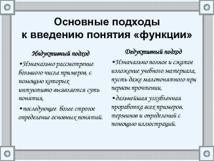 Основные подходы к введению понятия «функции» Индуктивный подход • Изначально рассмотрение большого числа примеров,
