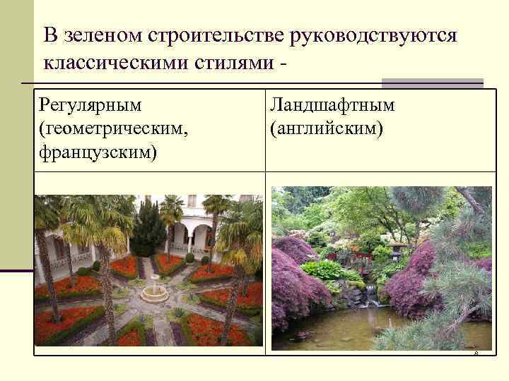 В зеленом строительстве руководствуются классическими стилями Регулярным (геометрическим, французским) Ландшафтным (английским) 8 