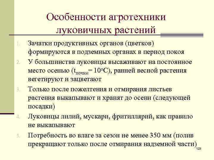 Особенности агротехники луковичных растений 1. 2. 3. 4. 5. Зачатки продуктивных органов (цветков) формируются