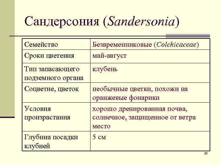 Сандерсония (Sandersonia) Семейство Сроки цветения Безвременниковые (Colchicaceae) май-август Тип запасающего подземного органа клубень Соцветие,