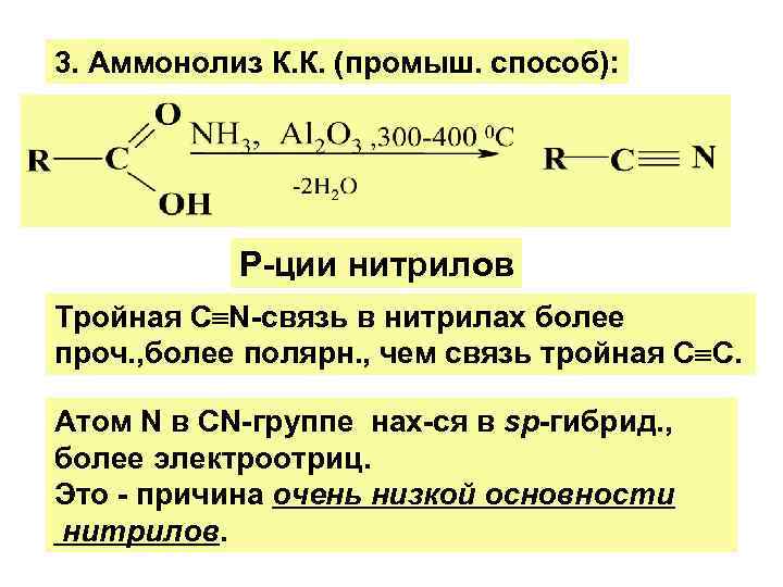 Гидролиз нитрилов. Аммонолиз нитрилов. Нитрилы карбоновых кислот. Аммонолиз нитрилов реакция. Синтез нитрилов из амидов.