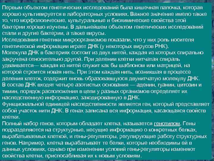 Первым объектом генетических исследований была кишечная палочка, которая хорошо культивируется в лабораторных условиях. Важное