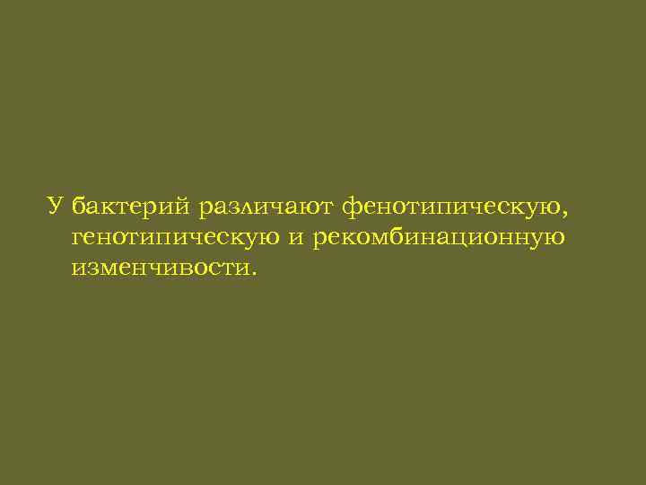 У бактерий различают фенотипическую, генотипическую и рекомбинационную изменчивости. 