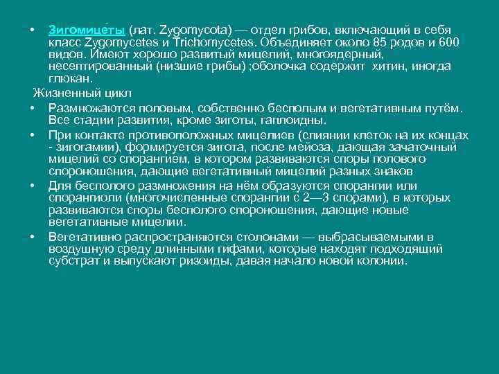  • Зигомице ты (лат. Zygomycota) — отдел грибов, включающий в себя класс Zygomycetes