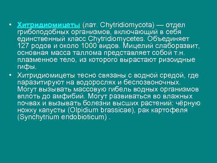  • Хитридиомицеты (лат. Chytridiomycota) — отдел грибоподобных организмов, включающий в себя единственный класс