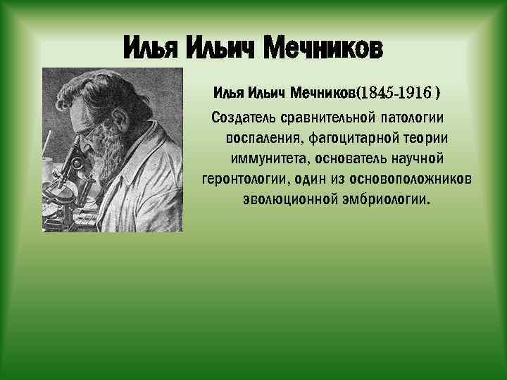 Илья Ильич Мечников(1845 -1916 ) Создатель сравнительной патологии воспаления, фагоцитарной теории иммунитета, основатель научной