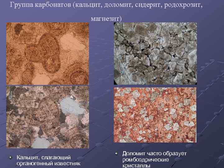 Группа карбонатов (кальцит, доломит, сидерит, родохрозит, магнезит) Кальцит, слагающий органогенный известняк Доломит часто образует