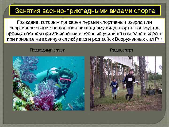 Занятия военно-прикладными видами спорта Граждане, которым присвоен первый спортивный разряд или спортивное звание по