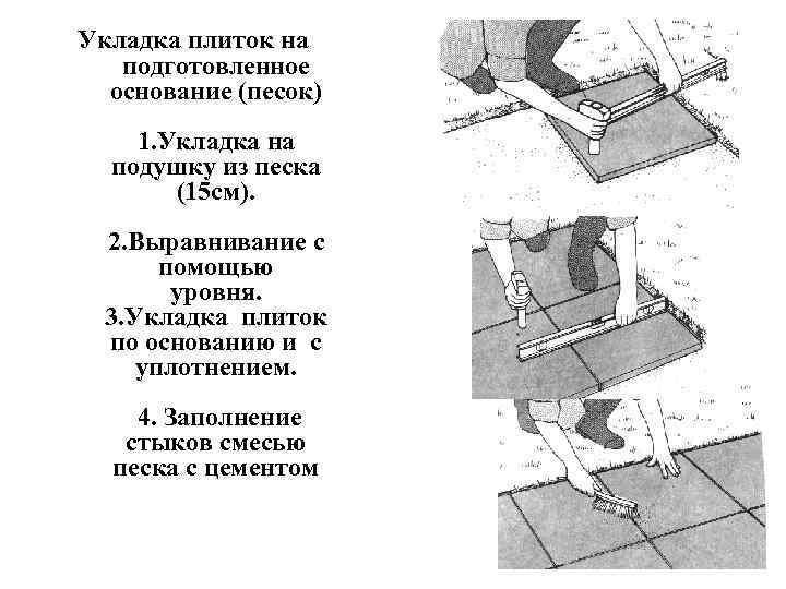 Укладка плиток на подготовленное основание (песок) 1. Укладка на 1. Укладка подушку из песка