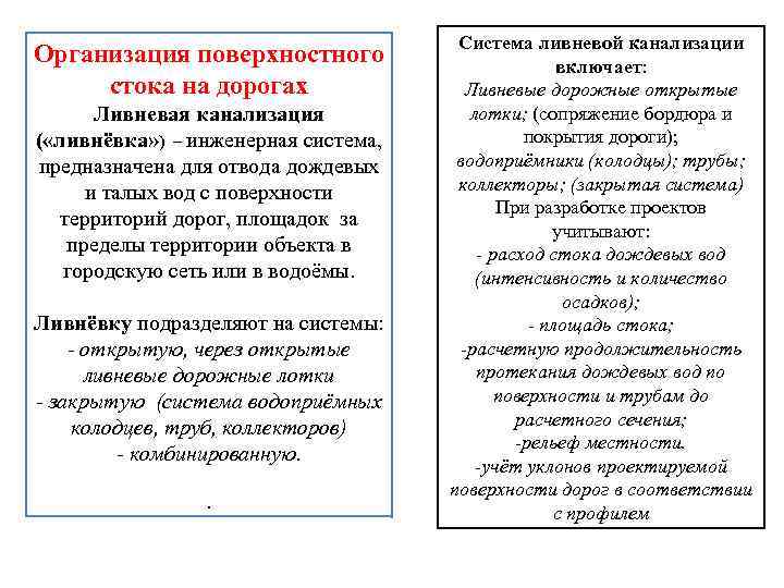 Организация поверхностного стока на дорогах Ливневая канализация ( «ливнёвка» ) – инженерная система, предназначена