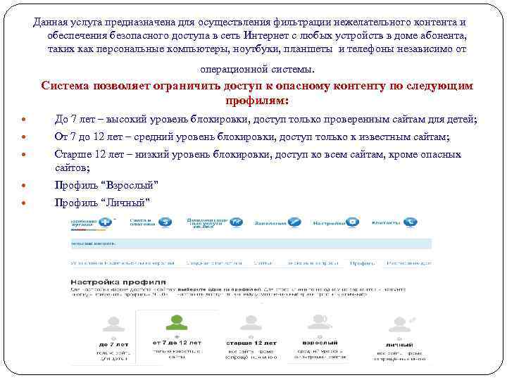 Данная услуга предназначена для осуществления фильтрации нежелательного контента и обеспечения безопасного доступа в сеть