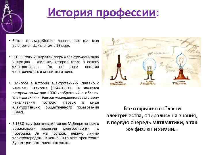 История профессии: • Закон взаимодействия заряженных тел был установлен Ш. Кулоном в 18 веке.