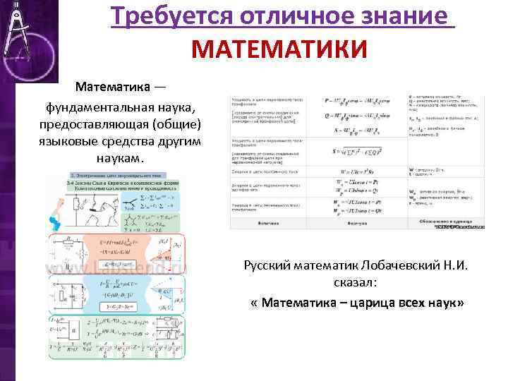 Требуется отличное знание МАТЕМАТИКИ Математика — фундаментальная наука, предоставляющая (общие) языковые средства другим наукам.