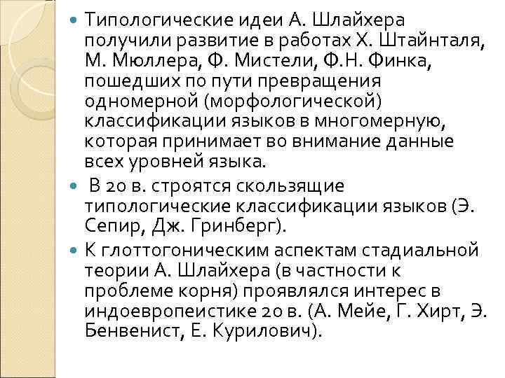 Типологические идеи А. Шлайхера получили развитие в работах Х. Штайнталя, М. Мюллера, Ф. Мистели,