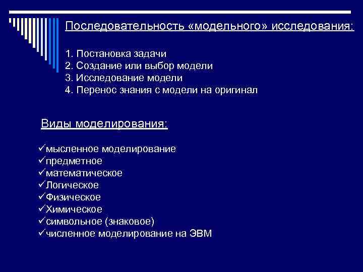 Последовательность «модельного» исследования: 1. Постановка задачи 2. Создание или выбор модели 3. Исследование модели