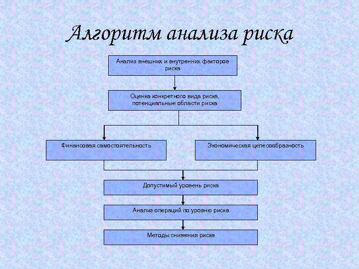 Алгоритм анализа риска Анализ внешних и внутренних факторов риска Оценка конкретного вида риска, потенциальные