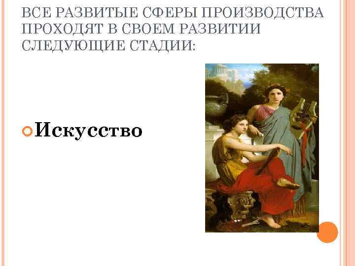 ВСЕ РАЗВИТЫЕ СФЕРЫ ПРОИЗВОДСТВА ПРОХОДЯТ В СВОЕМ РАЗВИТИИ СЛЕДУЮЩИЕ СТАДИИ: Искусство 