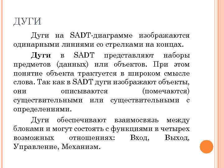 ДУГИ Дуги на SADT-диаграмме изображаются одинарными линиями со стрелками на концах. Дуги в SADT