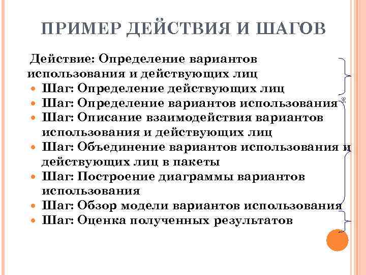 ПРИМЕР ДЕЙСТВИЯ И ШАГОВ 86 Действие: Определение вариантов использования и действующих лиц Шаг: Определение