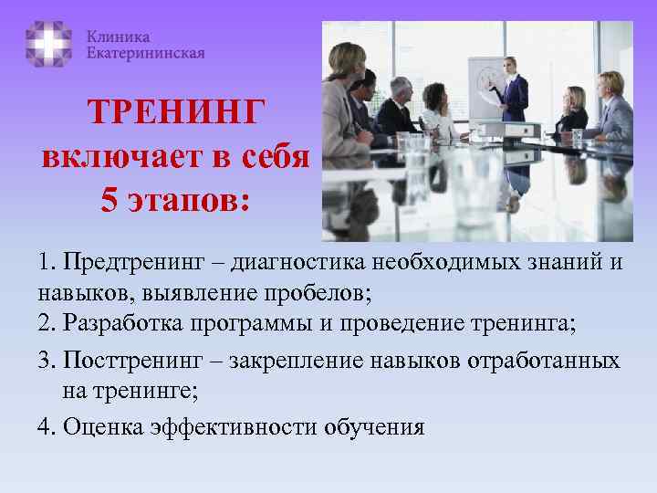 ТРЕНИНГ включает в себя 5 этапов: 1. Предтренинг – диагностика необходимых знаний и навыков,