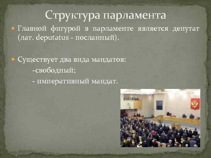 Структура парламента Главной фигурой в парламенте является депутат (лат. deputatus - посланный). Существует два