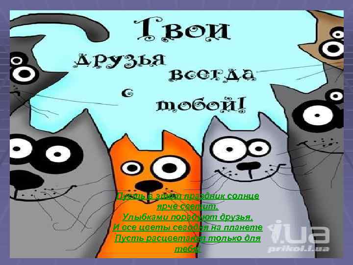 Пусть в этот праздник солнце ярче светит, Улыбками порадуют друзья, И все цветы сегодня