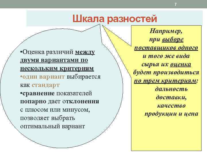 7 Шкала разностей • Оценка различий между двумя вариантами по нескольким критериям • один
