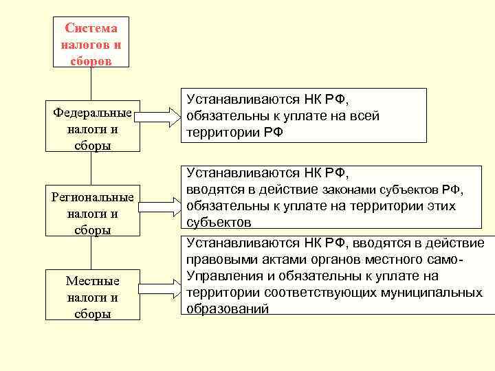 Система налогов и сборов Федеральные налоги и сборы Региональные налоги и сборы Местные налоги