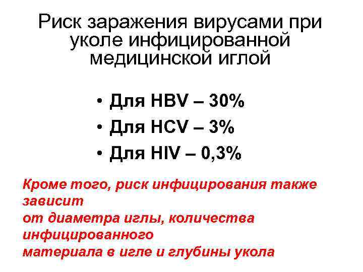 Риск заражения вирусами при уколе инфицированной медицинской иглой • Для HBV – 30% •