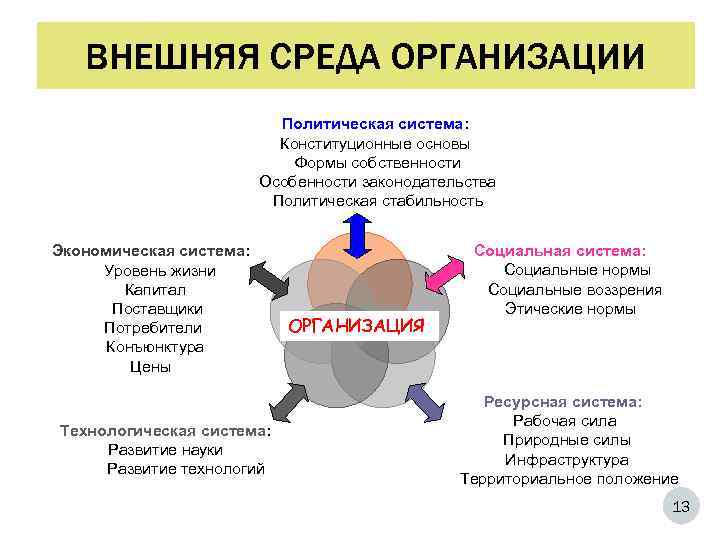 ВНЕШНЯЯ СРЕДА ОРГАНИЗАЦИИ Политическая система: Конституционные основы Формы собственности Особенности законодательства Политическая стабильность Экономическая