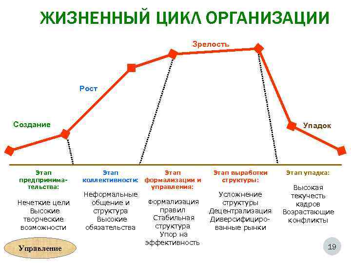 ЖИЗНЕННЫЙ ЦИКЛ ОРГАНИЗАЦИИ Зрелость Рост Создание Этап предпринимательства: Нечеткие цели Высокие творческие возможности Управление
