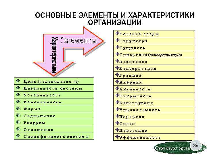 ОСНОВНЫЕ ЭЛЕМЕНТЫ И ХАРАКТЕРИСТИКИ ОРГАНИЗАЦИИ Условие среды Структура Сущность С и н е р