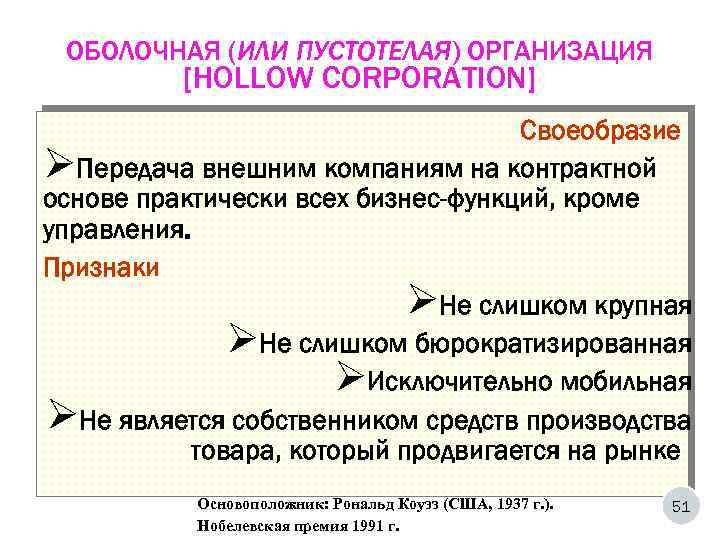 ОБОЛОЧНАЯ (ИЛИ ПУСТОТЕЛАЯ) ОРГАНИЗАЦИЯ [HOLLOW CORPORATION] Своеобразие ØПередача внешним компаниям на контрактной основе практически