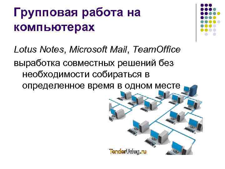 Групповая работа на компьютерах Lotus Notes, Microsoft Mail, Team. Оffice выработка совместных решений без