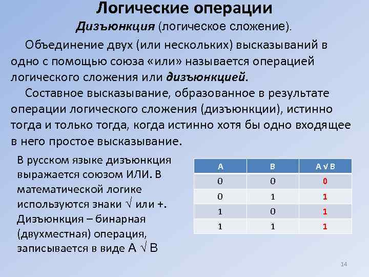 Логические операции Дизъюнкция (логическое сложение). Объединение двух (или нескольких) высказываний в одно с помощью