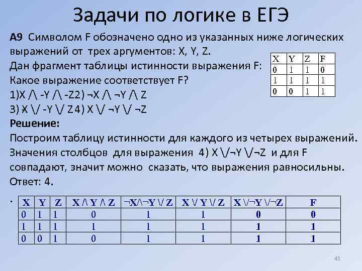 Задачи по логике в ЕГЭ А 9 Символом F обозначено одно из указанных ниже