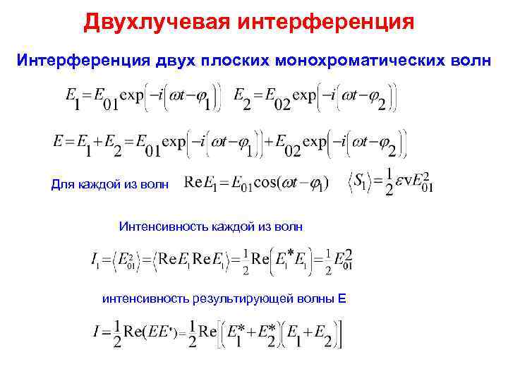Двухлучевая интерференция Интерференция двух плоских монохроматических волн Для каждой из волн Интенсивность каждой из