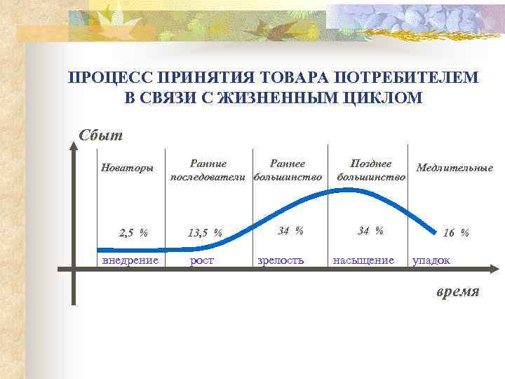 ПРОЦЕСС ПРИНЯТИЯ ТОВАРА ПОТРЕБИТЕЛЕМ В СВЯЗИ С ЖИЗНЕННЫМ ЦИКЛОМ Сбыт Новаторы 2, 5 %