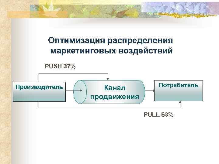 Оптимизация распределения маркетинговых воздействий PUSH 37% Производитель Канал продвижения Потребитель PULL 63% 