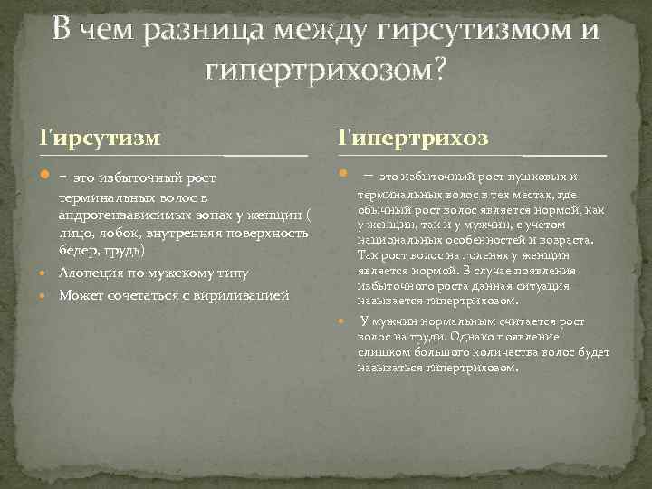 В чем разница между гирсутизмом и гипертрихозом? Гирсутизм Гипертрихоз - это избыточный рост –