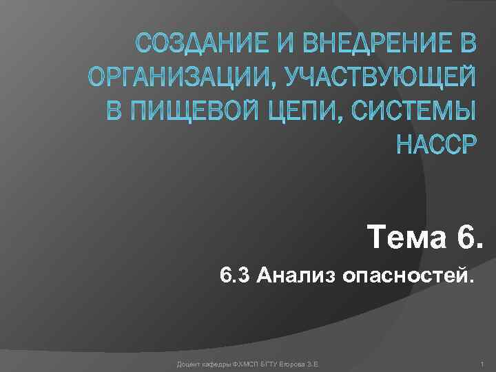 Тема 6. 6. 3 Анализ опасностей. Доцент кафедры ФХМСП БГТУ Егорова З. Е. 1